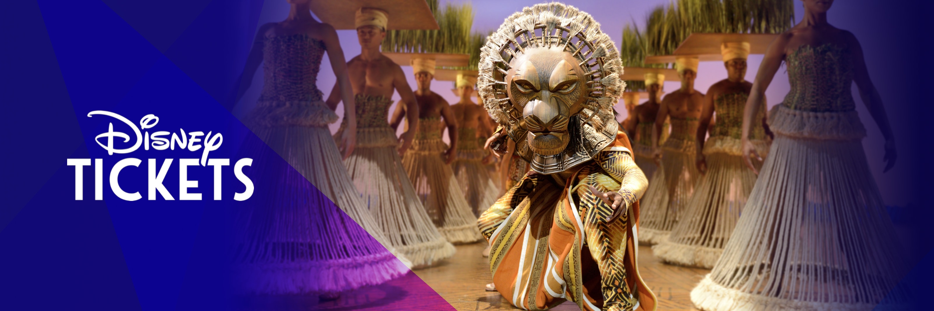 Disney Tickets promotion featuring a performer in a lion mask, mane headdress, and patterned robe from Disney's The Lion King stage production, with the ensemble cast in the background and the Disney Tickets logo displayed.